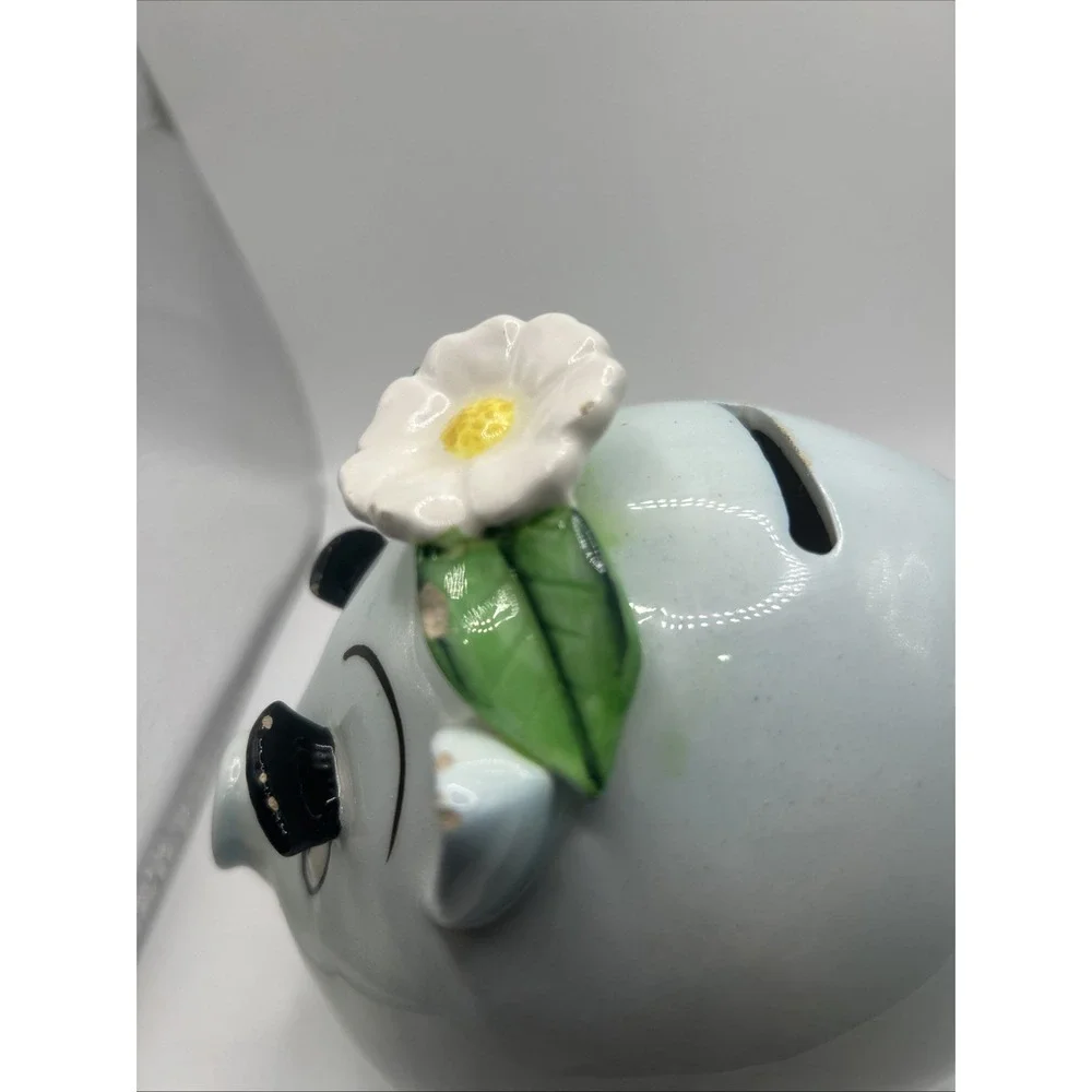 Ceramic Anthropomorphic Blue Piggy Bank Daisy Flower Long Eyelashes Vintage